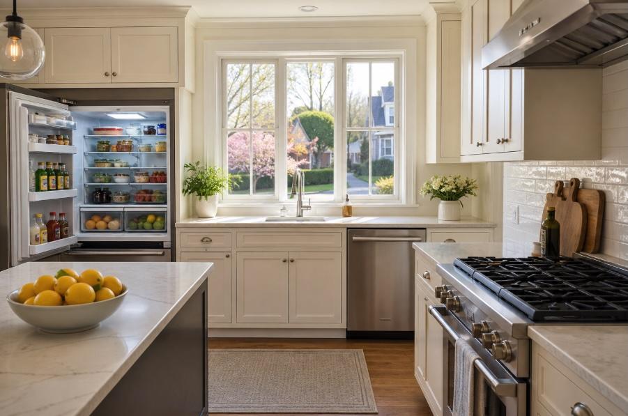 Bright, clean suburban New Jersey kitchen in spring with warm natural light streaming through a window. An open refrigerator displays neatly organized shelves, while a spotless stainless steel stovetop sits in the foreground. A bowl of fresh lemons rests on the counter, adding a pop of color to the soft, neutral-toned space.