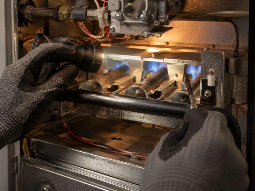 Hands inspecting a gas furnace burner assembly during a maintenance visit in New Jersey