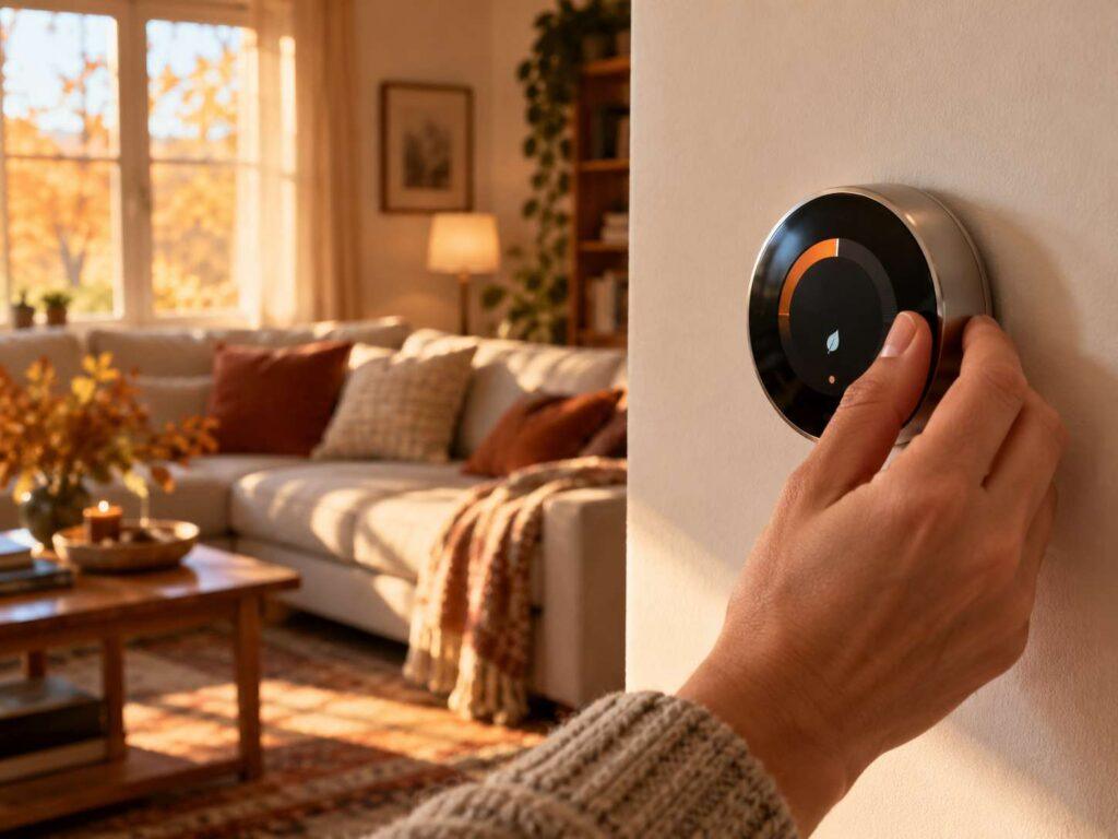 A hand adjusting a home thermostat as fall heating season begins in New Jersey