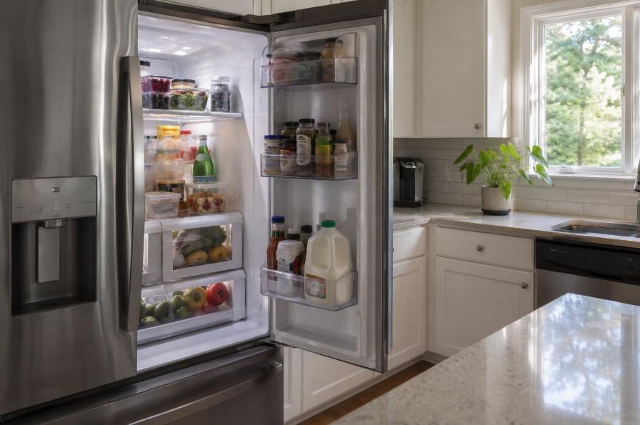 Refrigerator with door open not cooling in a New Jersey home kitchen during summer