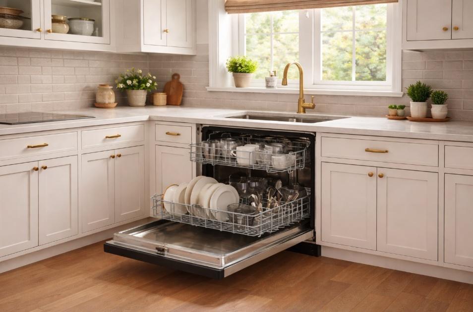 A clean, modern kitchen interior in a suburban New Jersey home featuring an open stainless steel dishwasher with the door down and the rack pulled out, soft natural light coming through a window