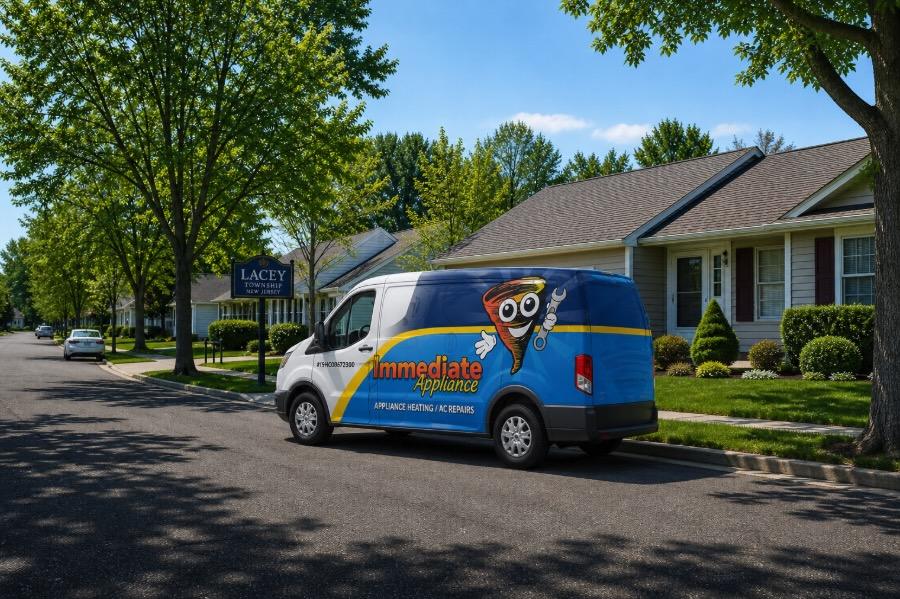 Wide shot of a quiet, tree-lined residential street in Lacey Township, New Jersey, with a brightly branded Immediate Appliance repair van parked in front of a well-kept suburban home on a sunny day.