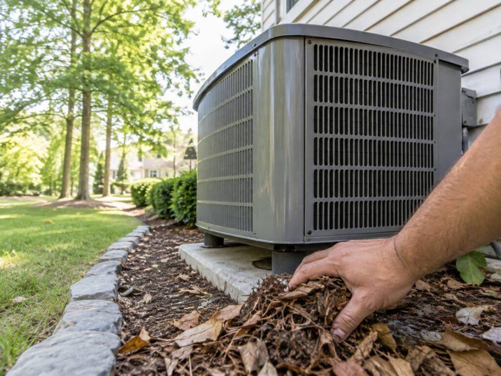 Leaves and debris being cleared from an outdoor central air conditioner unit in New Jersey