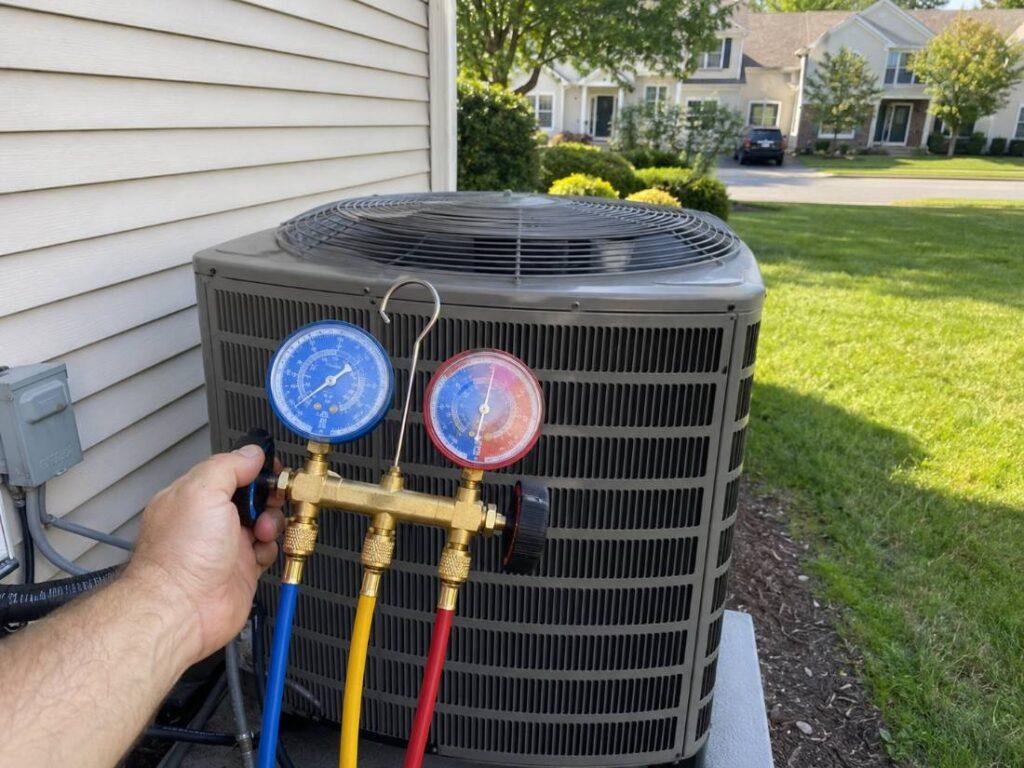 Diagnostic gauge being used on a central air conditioner condenser unit in New Jersey