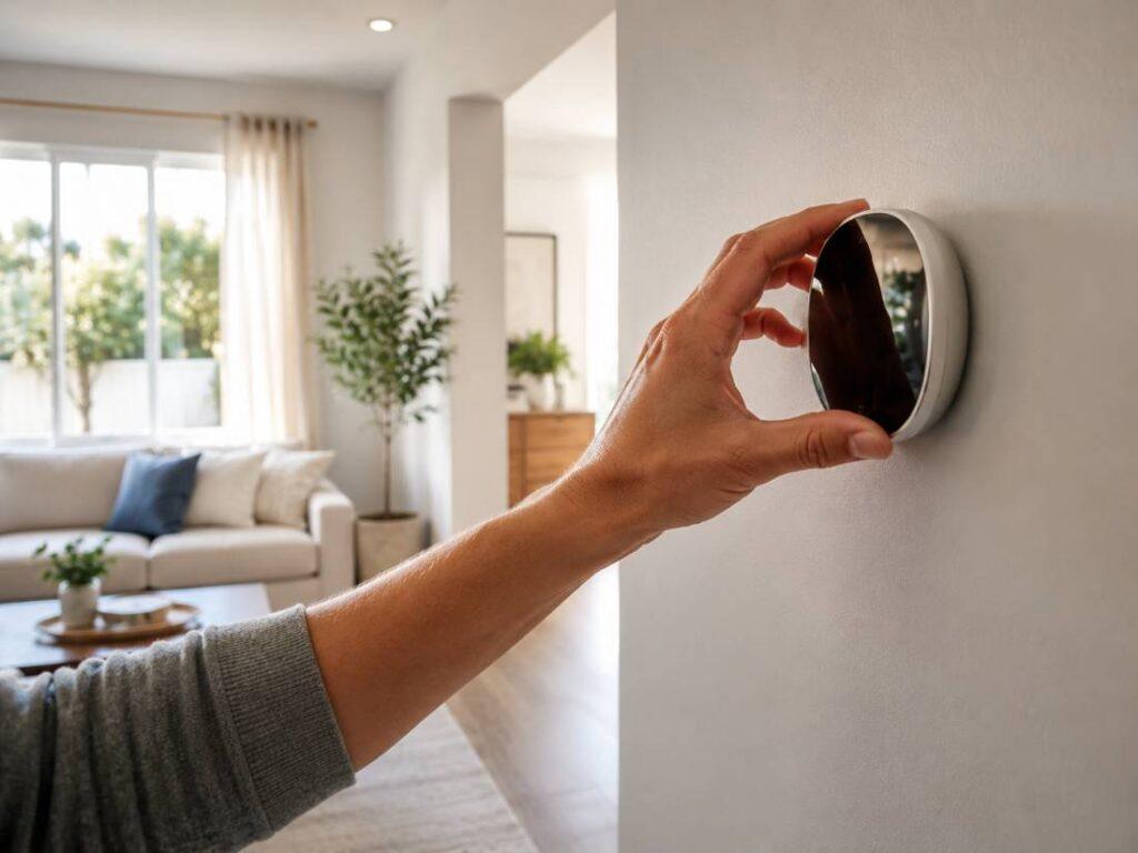 Homeowner adjusting a thermostat connected to a central air conditioning system