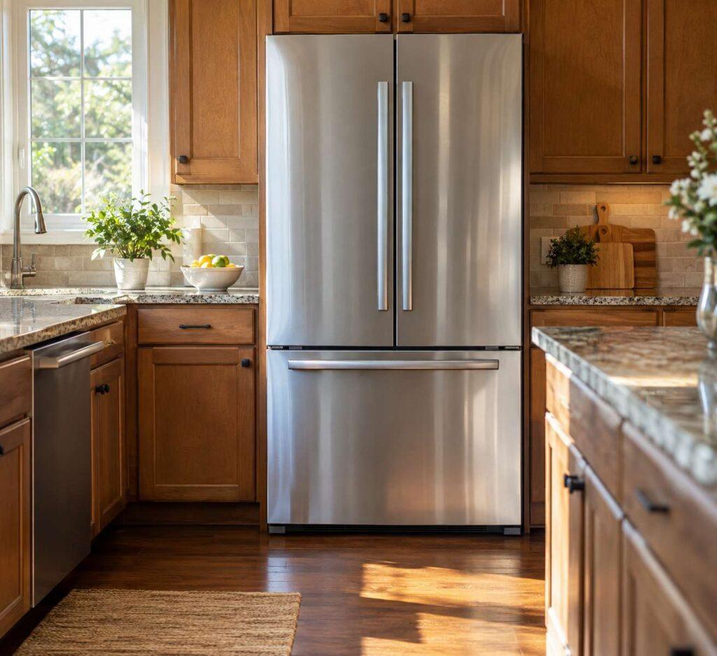 stainless steel refrigerator in a bright New Jersey kitchen