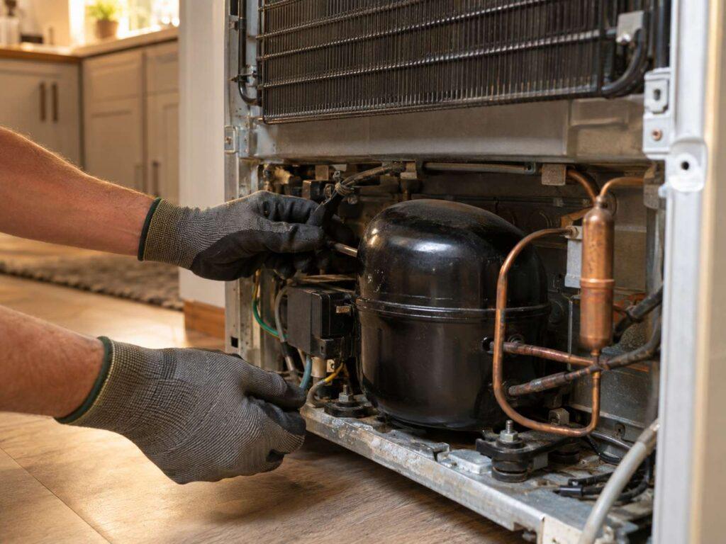 Hands inspecting a refrigerator compressor during a repair visit in New Jersey