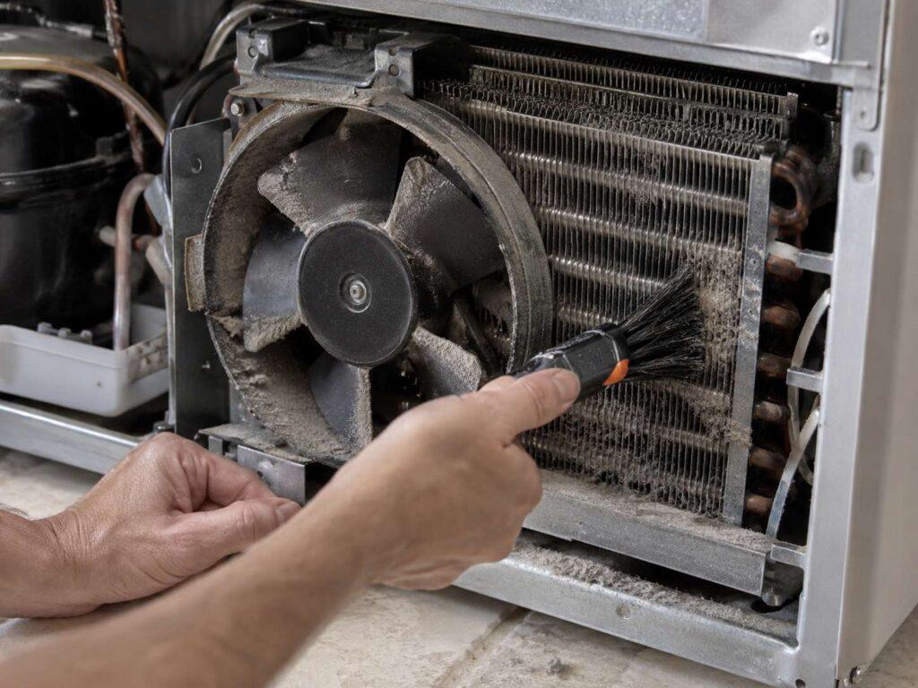 Hands cleaning dust from a refrigerator condenser fan in a Monmouth County home