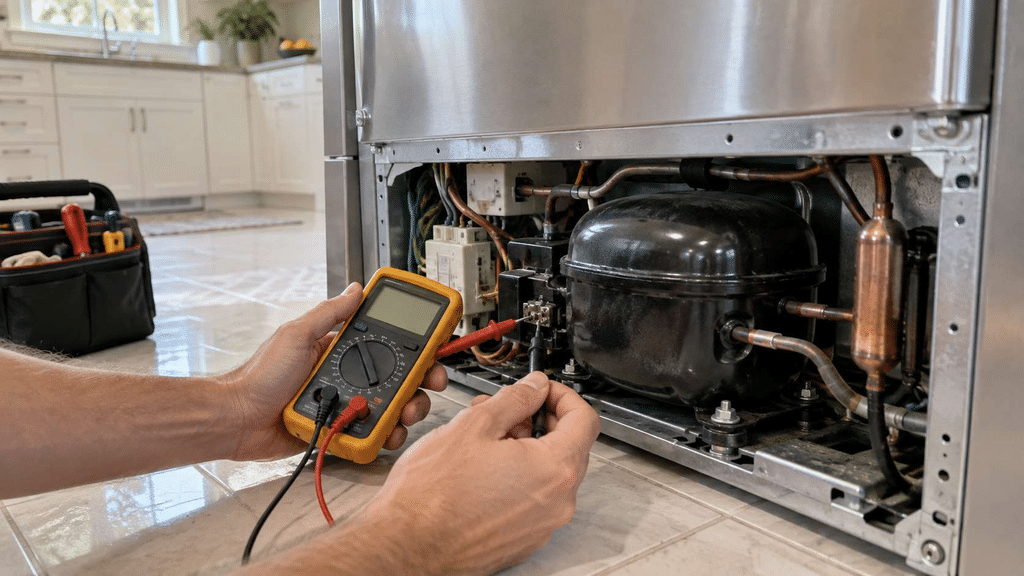 Refrigerator repair in a Freehold, NJ kitchen with hands testing the compressor area